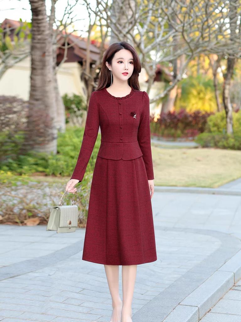 2026 Spring Korean Style Slim Fit Faux Two-Piece Dress - Elegant Round Neck Midi for Women