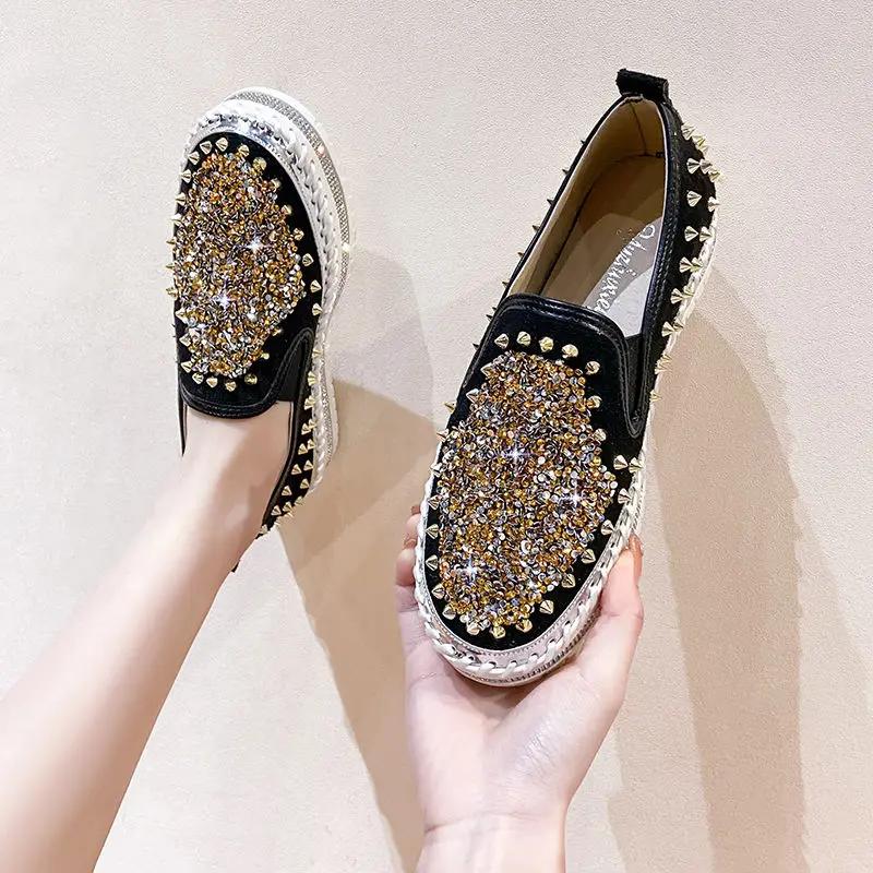 Fashion Low Loafers Whit With Crystals Rhinestone Ladies Shoes Lace Up Diamond Women Footwear High On Platform Urban High Quality Price