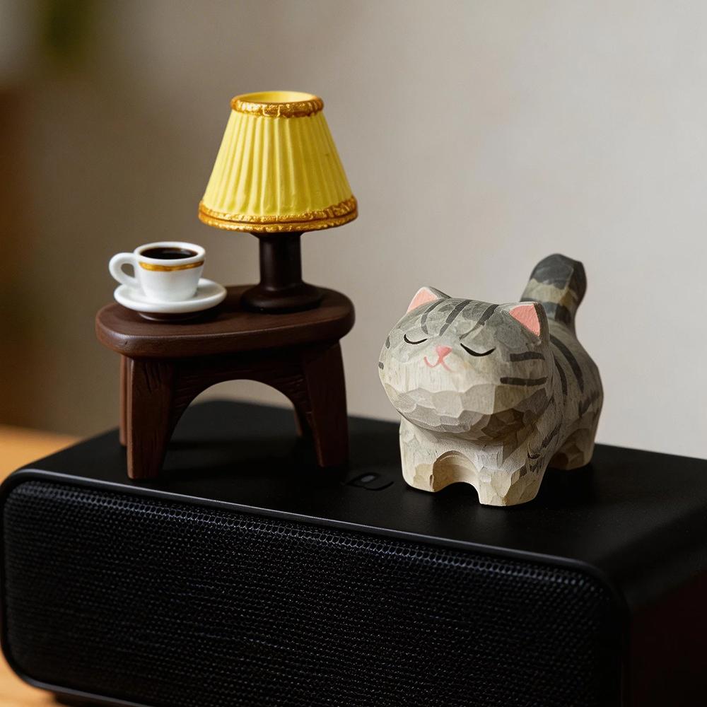 Cute Cat Animals Figurine Decorative Wooden Ornament Miniature Kitten Coffee Home Bedroom Office Desk Decoration Gift Statue