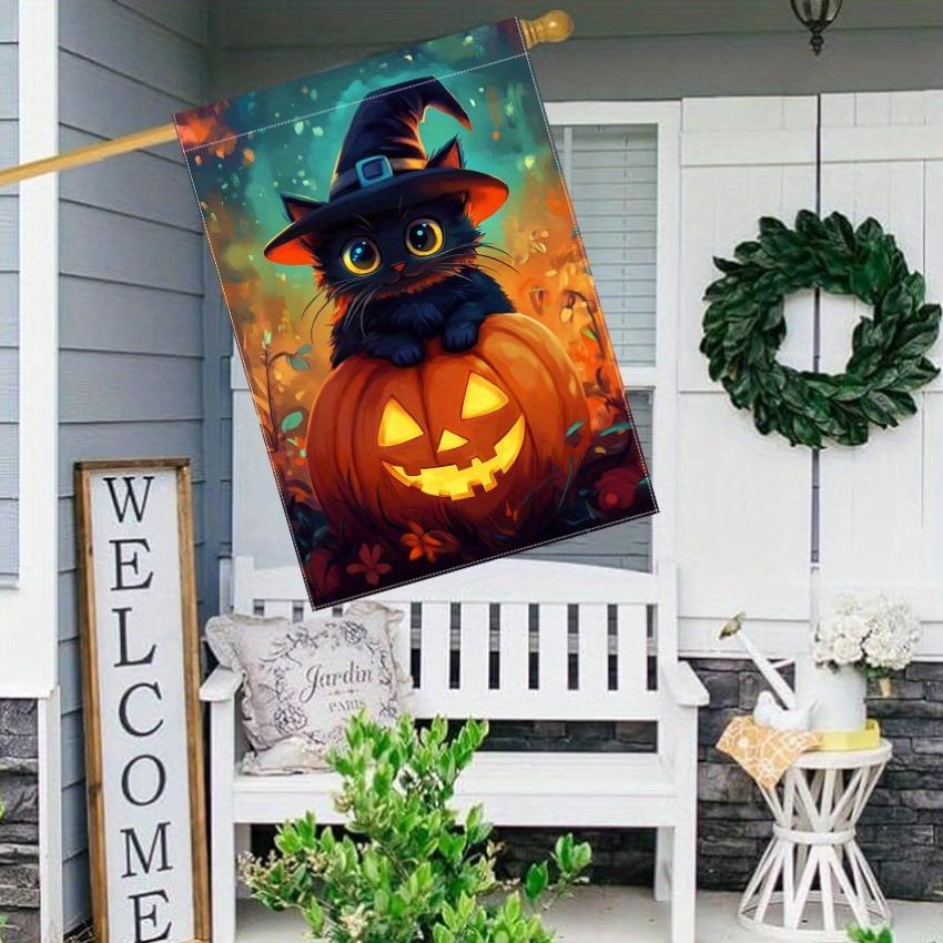 1pc, Halloween Witch Hat Black Cat Pumpkin LanternDouble sided Garden Flag Courtyard Decoration, Outdoor Decoration, Lawn Decoration, Flag Only
