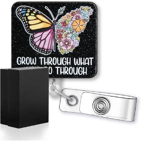 Grow Through What You Go Through Funny Glitter Butterfly Badge Reel, Retractable Badge Holder for Psychotherapist, Mental Health Gift for Psychology
