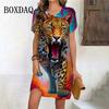 Tiger Graphic Dresses For Women Casual 3D Print Vintage Dress Female Fashion Short Sleeve Plus Size Dress Summer Clothes