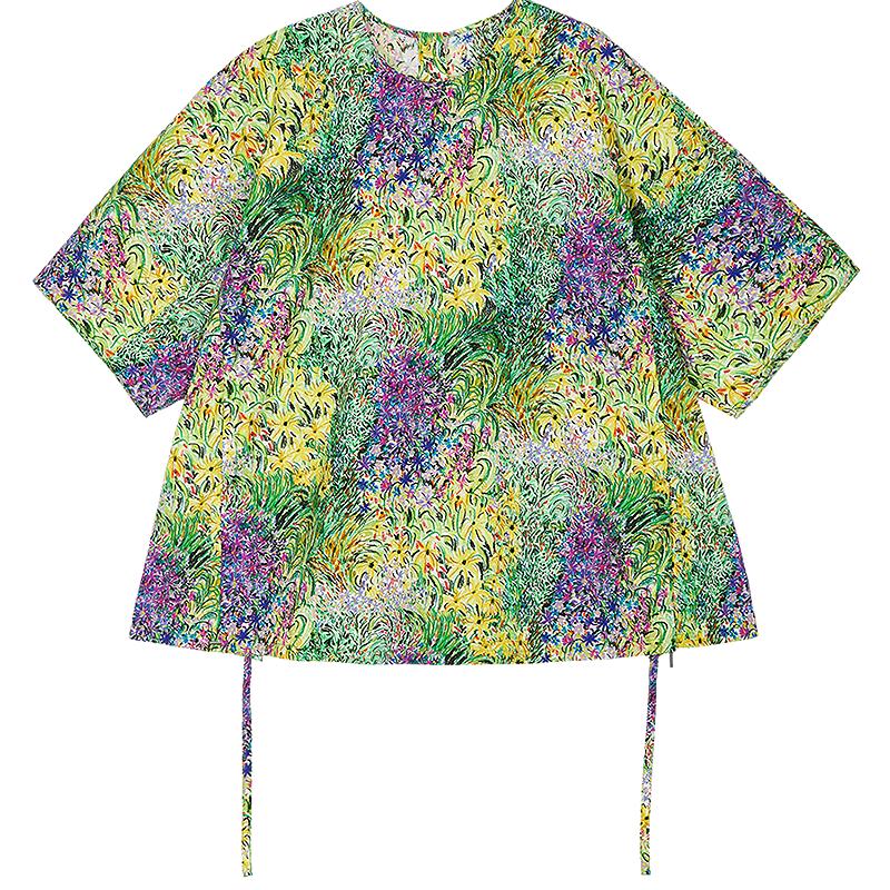 JNBY Women's Relaxed Fit Short Sleeve Round Neck Botanical Print Cotton Shirt