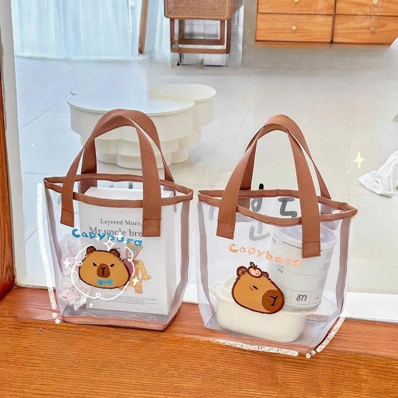 Transparent Mesh Tote Bag Cute Cartoon Guinea Pig Storage Bag Beach Travel Swimming Wash Large-capacity Portable Handbag