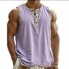 Heren Mouwloos Henley Vest met Contrasterende Rand Katoen Linnen Los Casual Tanktop