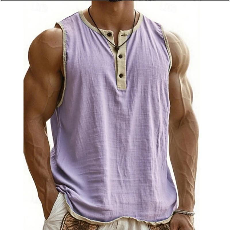 Heren Mouwloos Henley Vest met Contrasterende Rand Katoen Linnen Los Casual Tanktop