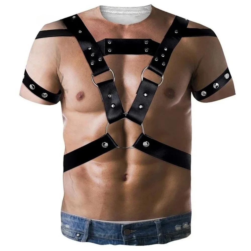 Summer Round Neck 3D Funny Muscle Body Print Top Fashionable Casual Short Sleeved Men's T-shirts