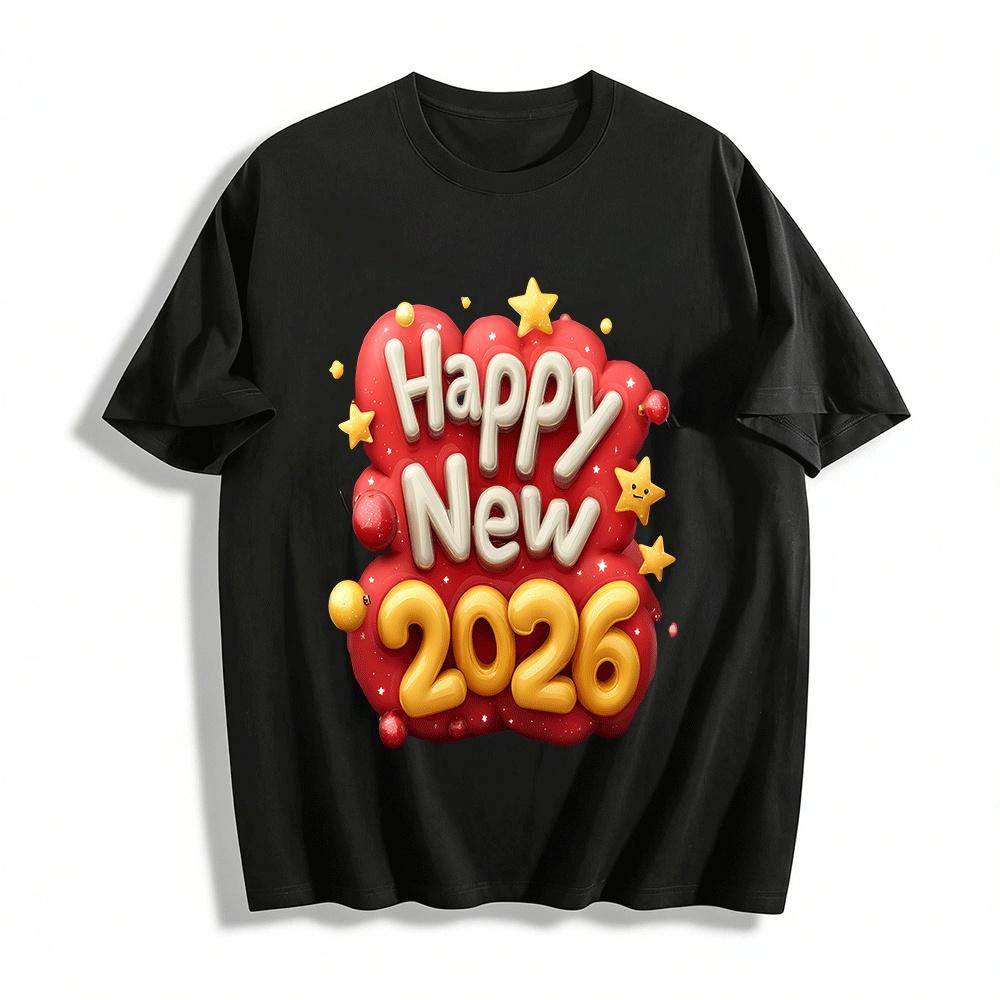 

Happy New 2026 Festive Print Casual Loose Top For Men Women Pure cotton T-shirt XXS