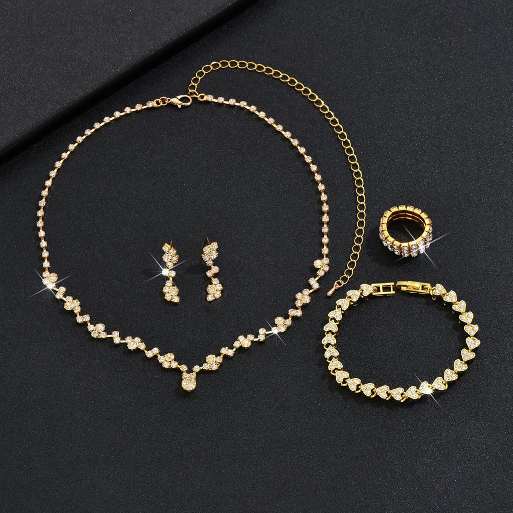 2026 Stylish Simple Bridal Accessories Gold Rhinestone Necklace Earrings Bracelet Ring Set