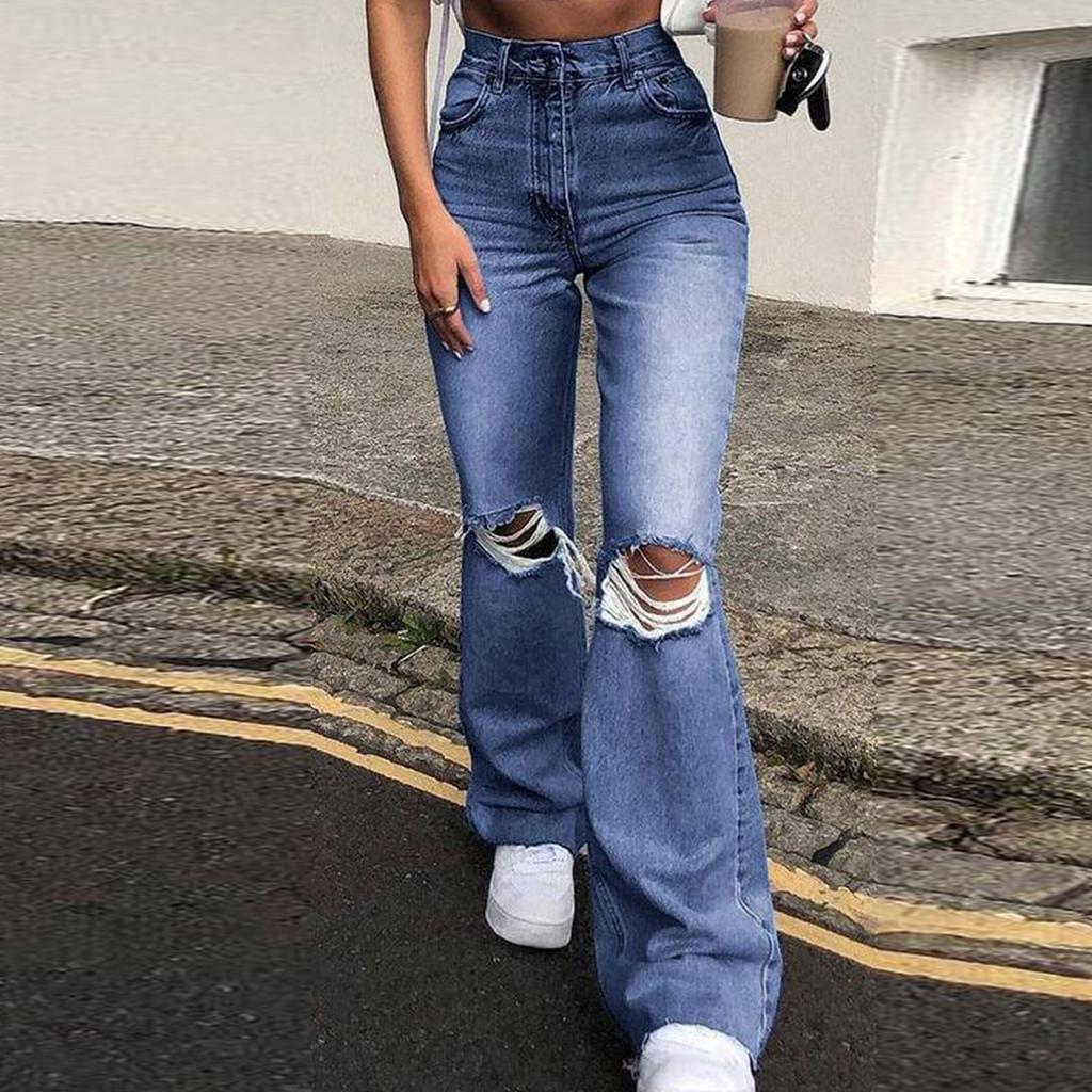 Ladies' Pocket Denim Wide Leg Pants With Holes And Slightly Flared Jeans