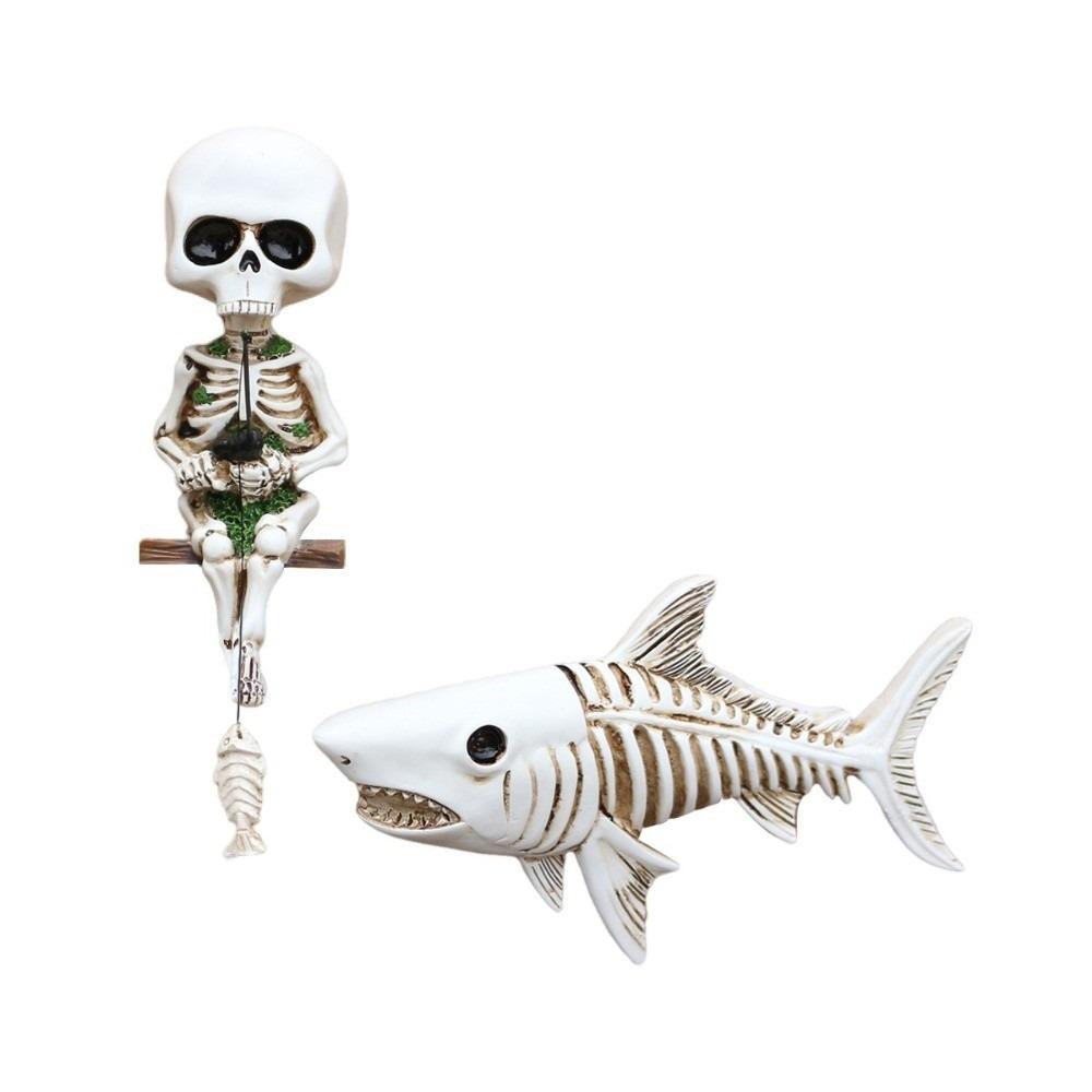Gothic Style Skeleton Shark Fishing Statue Unique Fish Tank Landscape Halloween Decor 1 set