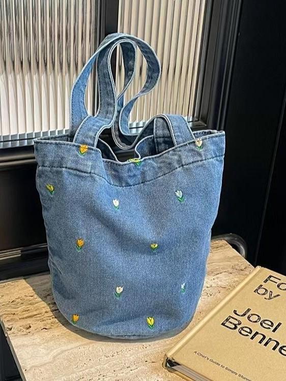 Japanese Style Denim Print Bucket Bag - Large Capacity Women's Tote for Shopping and Commuting