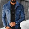 Mens Distressed Print Denim Jacket Winter Streetwear Casual Outerwear Slim Fit Blue Black Grey