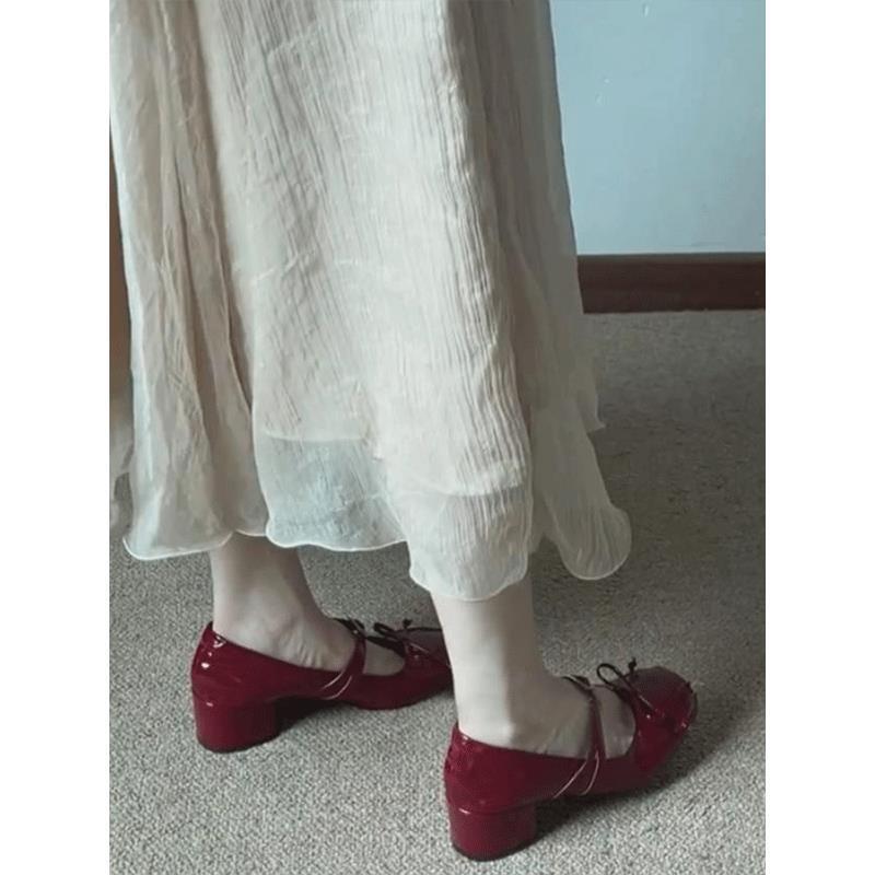 Lolita bow student jk small leather shoes female Mary Jane single shoes with thick heel burgundy