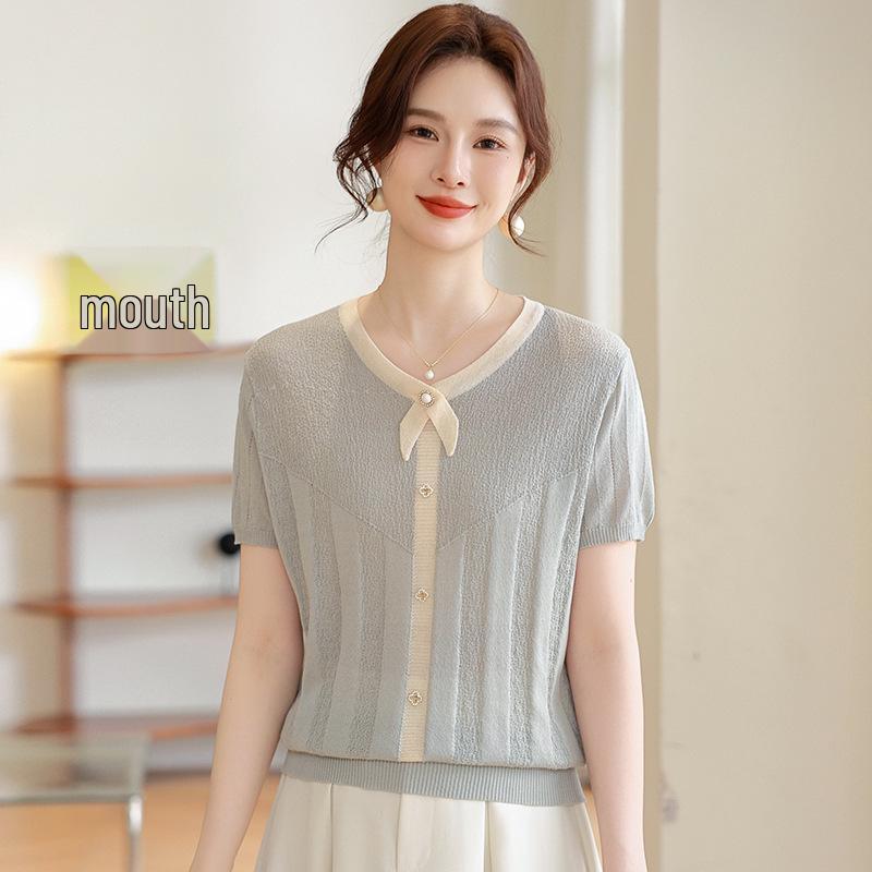 

Summer Ice Silk Short-Sleeve Blouse for Middle-Aged & Elderly Women - Stylish, Lightweight Knit T-Shirt XL (100-110 lbs)