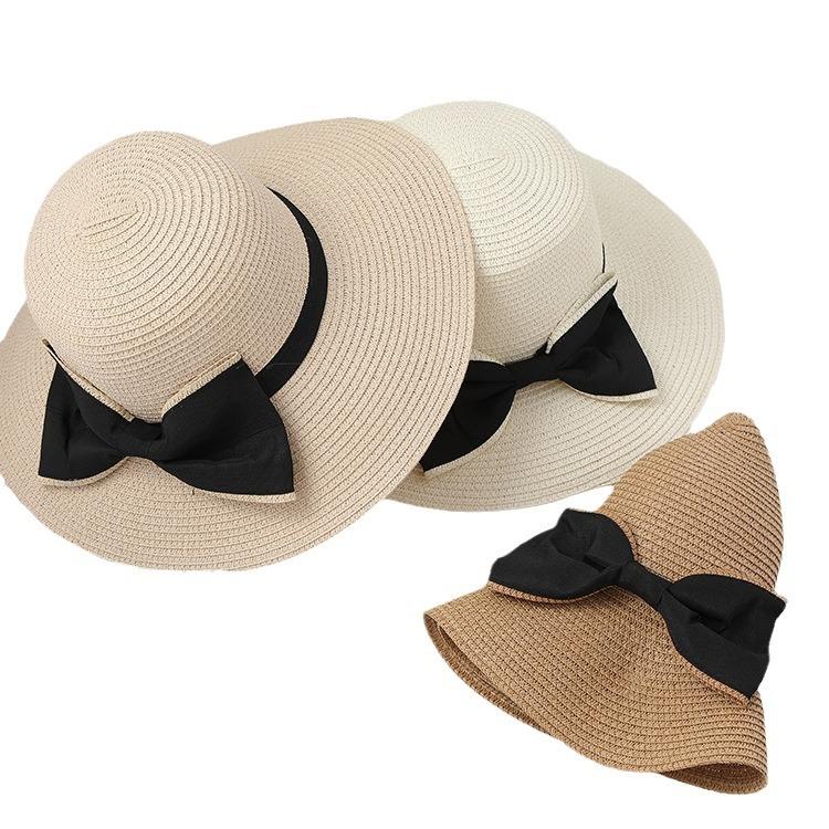 Women's Korean-style straw hat with large brim and bow, face-shading sun hat for outdoor beach use, UV protection, sun-proof straw fisherman hat