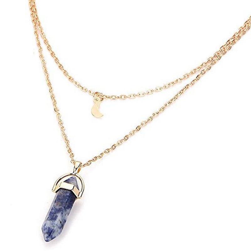 Natural Stone Hexagonal Moon Pendant Double-Layer Necklace - Stylish and Unique