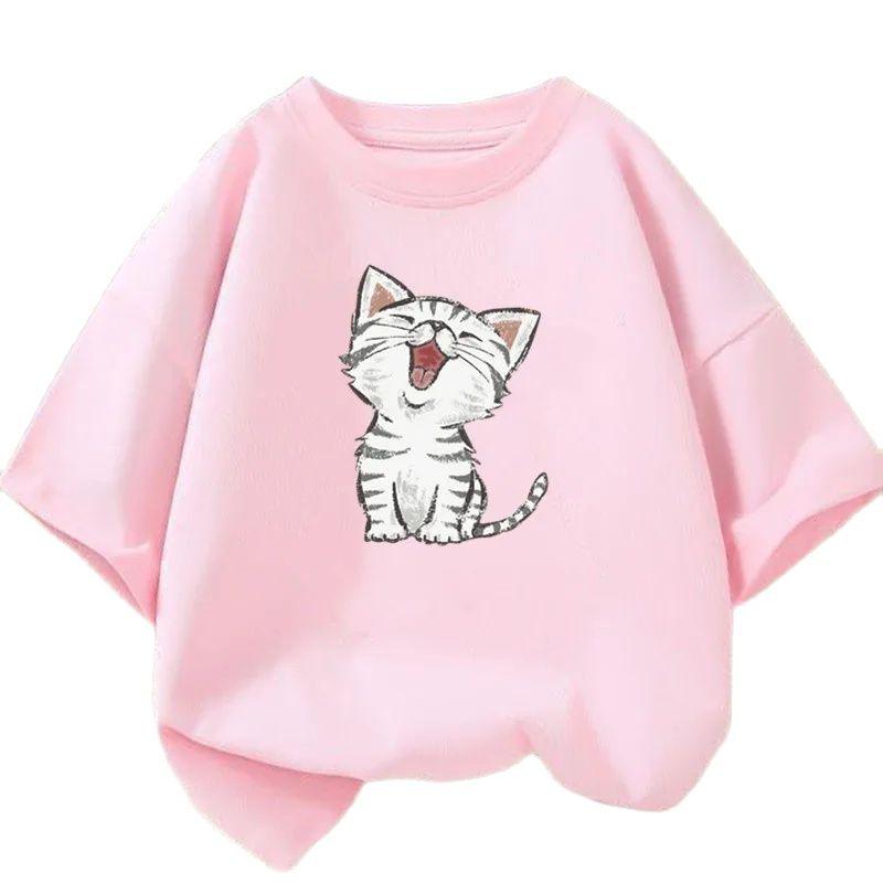 

Kids Lovely Cat Pet Animal T Shirt Fashion Summer Girls Cute Casual Top Short Sleeve Tshirts Children Cartoon Graphic Tee 100cm