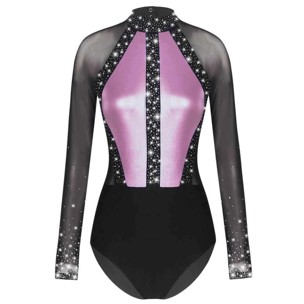 Womens Figure Skating Bodysuit Color Block Patchwork Keyhole Back Sheer Mesh Long Sleeve Rhinestone Leotard