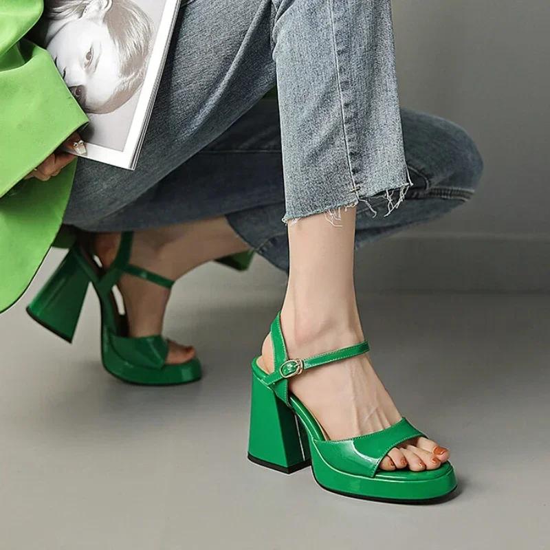 Fashion Luxury Leather Women's Sandals Sexy Slingbacks Chunky High Heels Ankle Strap Open Toe Summer Heeled Sandals Zapatos De Mujer