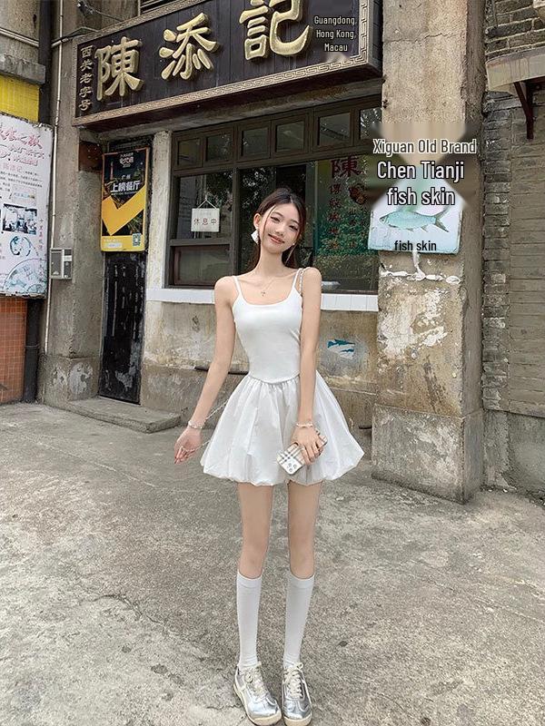 Women's White Ballet Spaghetti Strap Dress with Slimming Waist and Bud Short Skirt - Summer 2026 Collection.