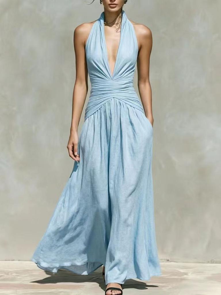European and American sexy neck deep v-neck dress linen waist thin pendulum sleeveless long holiday dress