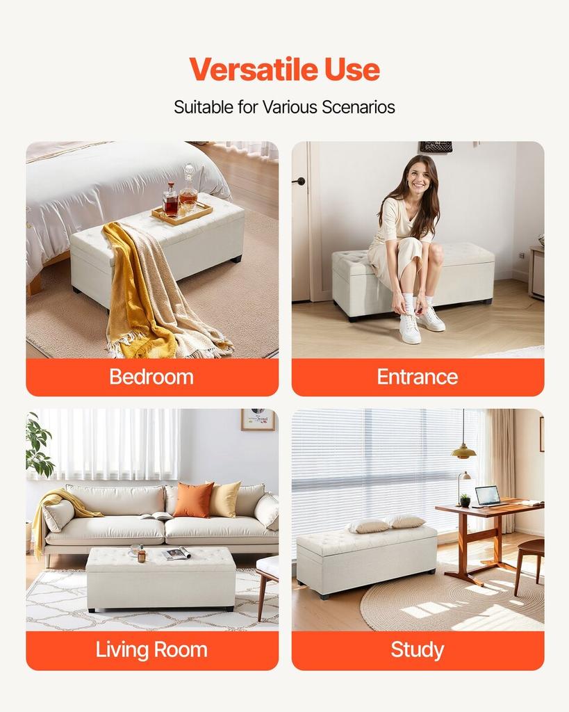 Storage Ottoman Bench, Button-Tufted End of Bed Bench with Side Bags, Flip-up Upholstered Storage Chest with Metal Frame, Linen Bed Ottoman for Living