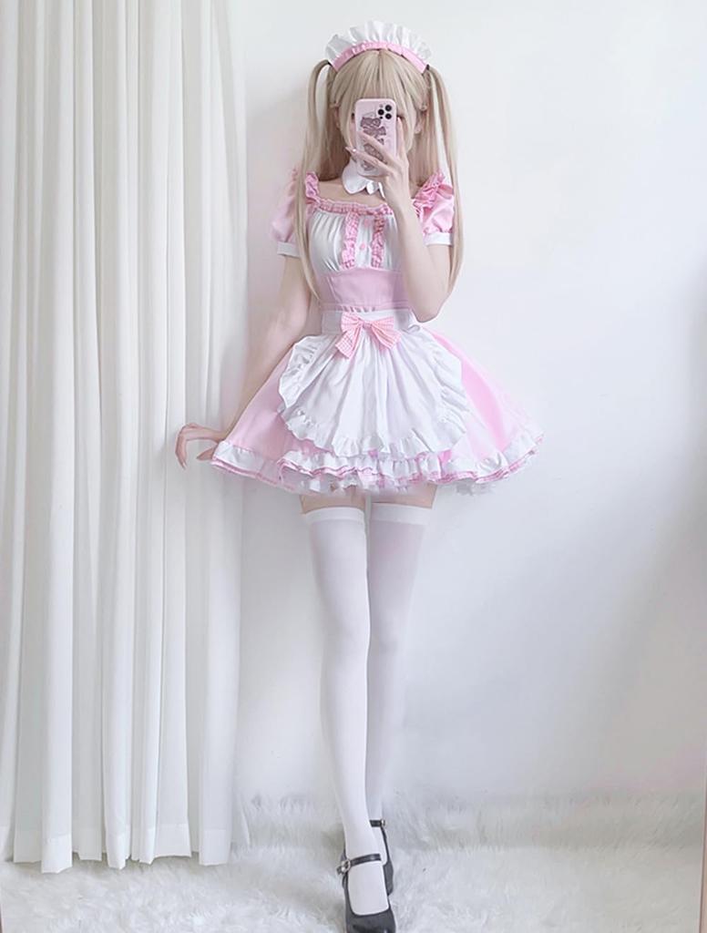 Shangki Manufacturing Gothic Lolita Dienstmädchen Moe Cosplay Short mit ordentlicher und hübscher Kellnerin Rosa Dienstmädchen Übergröße Outfit, Kostüm, Ärmel, Rüschen,