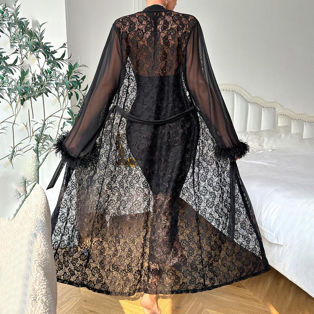 Women Long Sleeve Lace Sheer Lingerie with Halter Neck Dress Robe Set