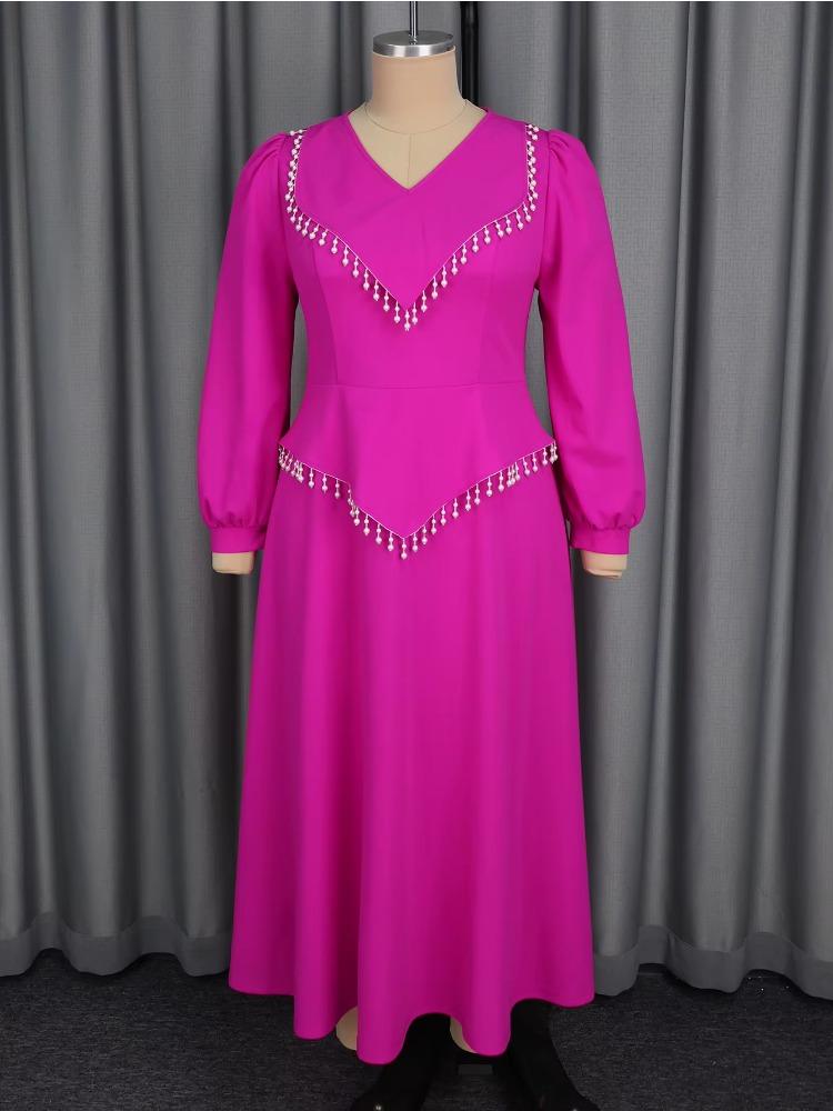 Elegant Women Pleated Maxi Dress V Neck Long Lantern Sleeve Patchwork Beading Fashion Autumn Winter Party Evening Outfit