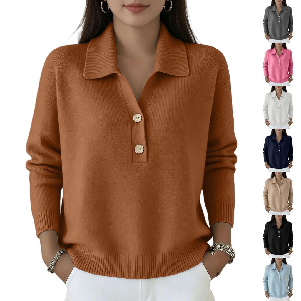 Women's Long Sleeve Knit Sweater Loose Fit Button Front Polo Collar Casual Pullover Top Lightweight Soft Fabric Comfortable Wear