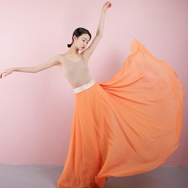 Two-Tone Satin Chiffon Lace-up Dance Midi Skirt for Women