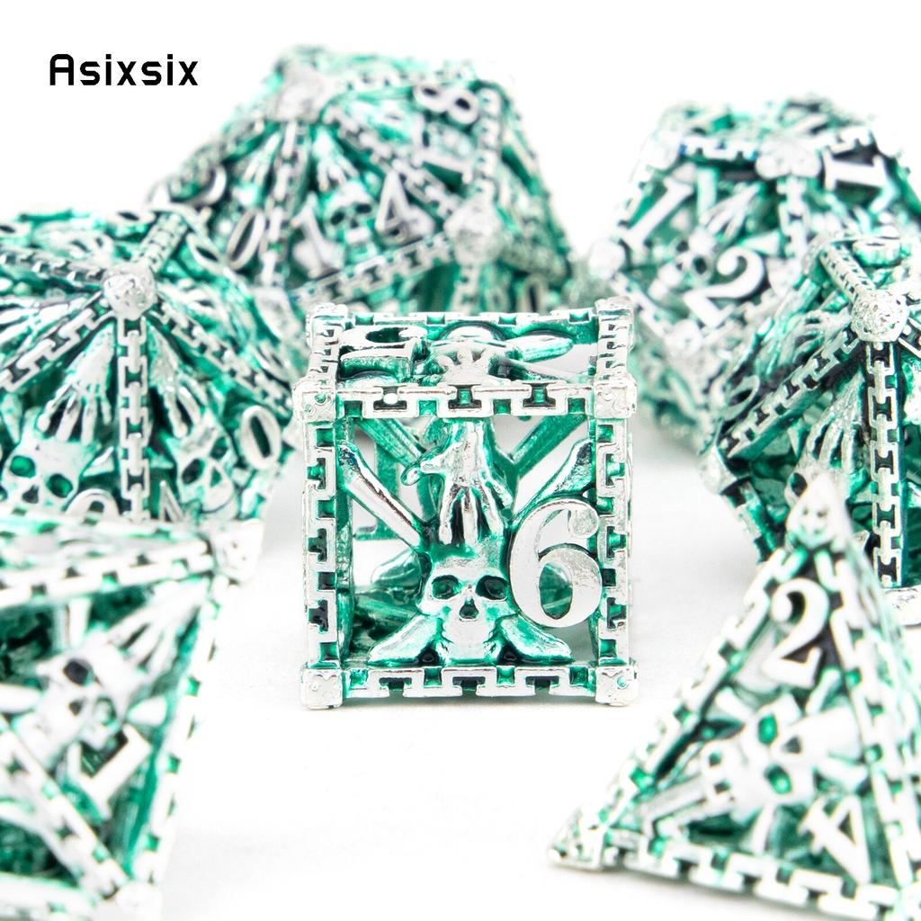 7 Pcs Silver Green Hand Skull Head Metal Dice Hollow Metal Polyhedral Dice Set Suitable for Role-Playing RPG Board  Card Game