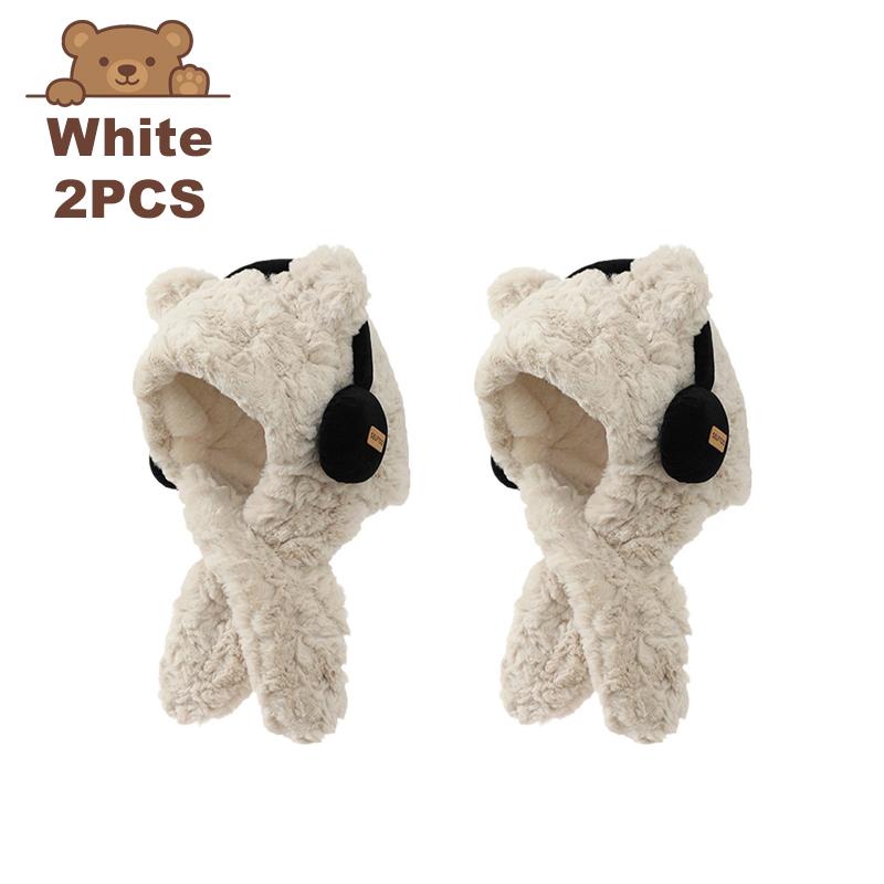 Bear with Headphone Hoodie Hat Scarf Set for Girls Winter Thickened Plush Earmuffs Warm Cap for Children Cute Outdoor Wear
