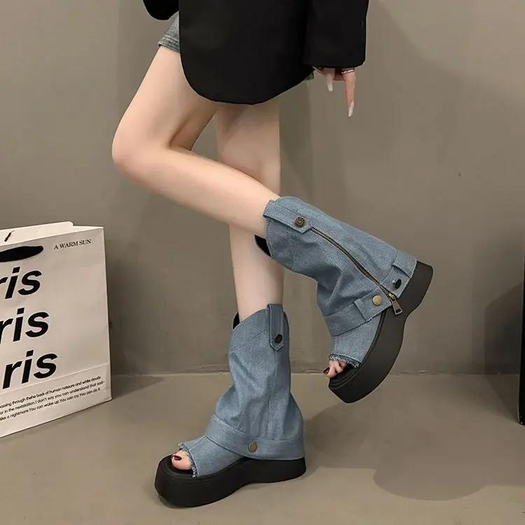 

Fashion Retro Thi Heel Roman Booties Women s Faion Toe Cover High Top Sandals Heightening Zipper ort Boots Summer New Arrival 40 синий