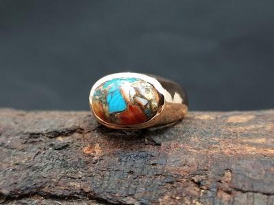 Oyster Copper Turquoise Ring, Oval Ring, Rose Gold Ring, Handmade Jewelry, 925 Sterling Silver, Wedding Anniversary Gift, Unisex Gift