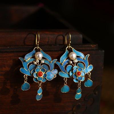 Cloisonne-Imitat-Smaragd-Ohrringe, lange vergoldete Perlen, Palastmuseum-Smaragd-Stil, einfacher chinesischer Stil, Ohrringe im antiken Stil