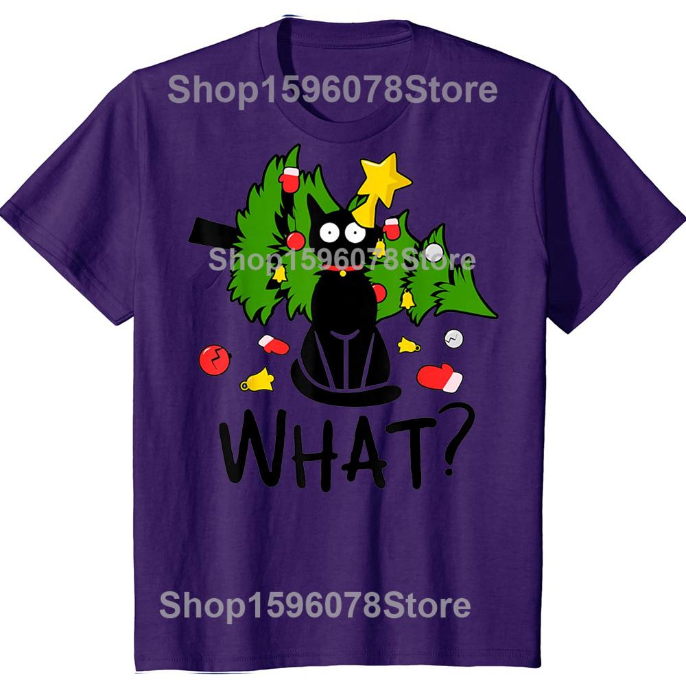 Funny Black Cat Christmas Tree Merry Xmas Humor Cat What Tshirts Men Fashion Cotton Oversized Crewneck Collar Hip Hop T Shirt