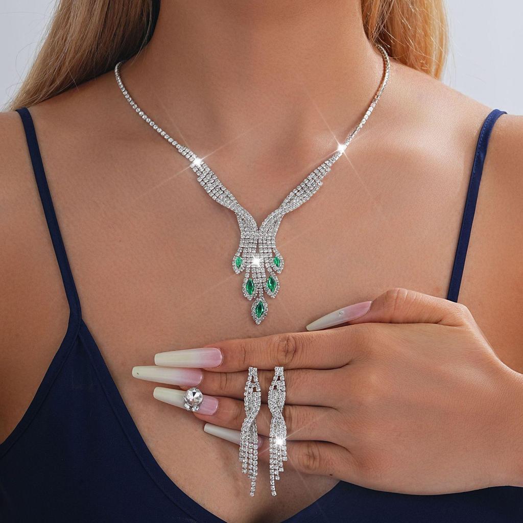 European-American Rhinestone Teardrop Necklace & Earring Set: Korean-Style Bridal Temperament Collarbone Chain Jewelry for Women