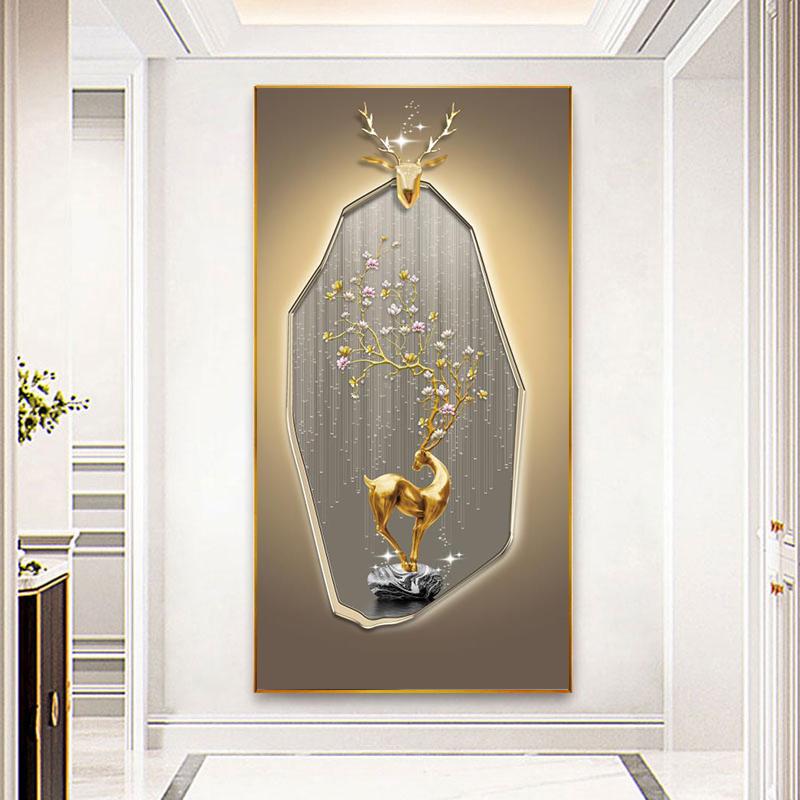 Abstract Fengshui Golden Deer Canvas Painting Zen Stone Posters and Prints Modern Luxury Leaves Wall Art for Porch Decor Unframe