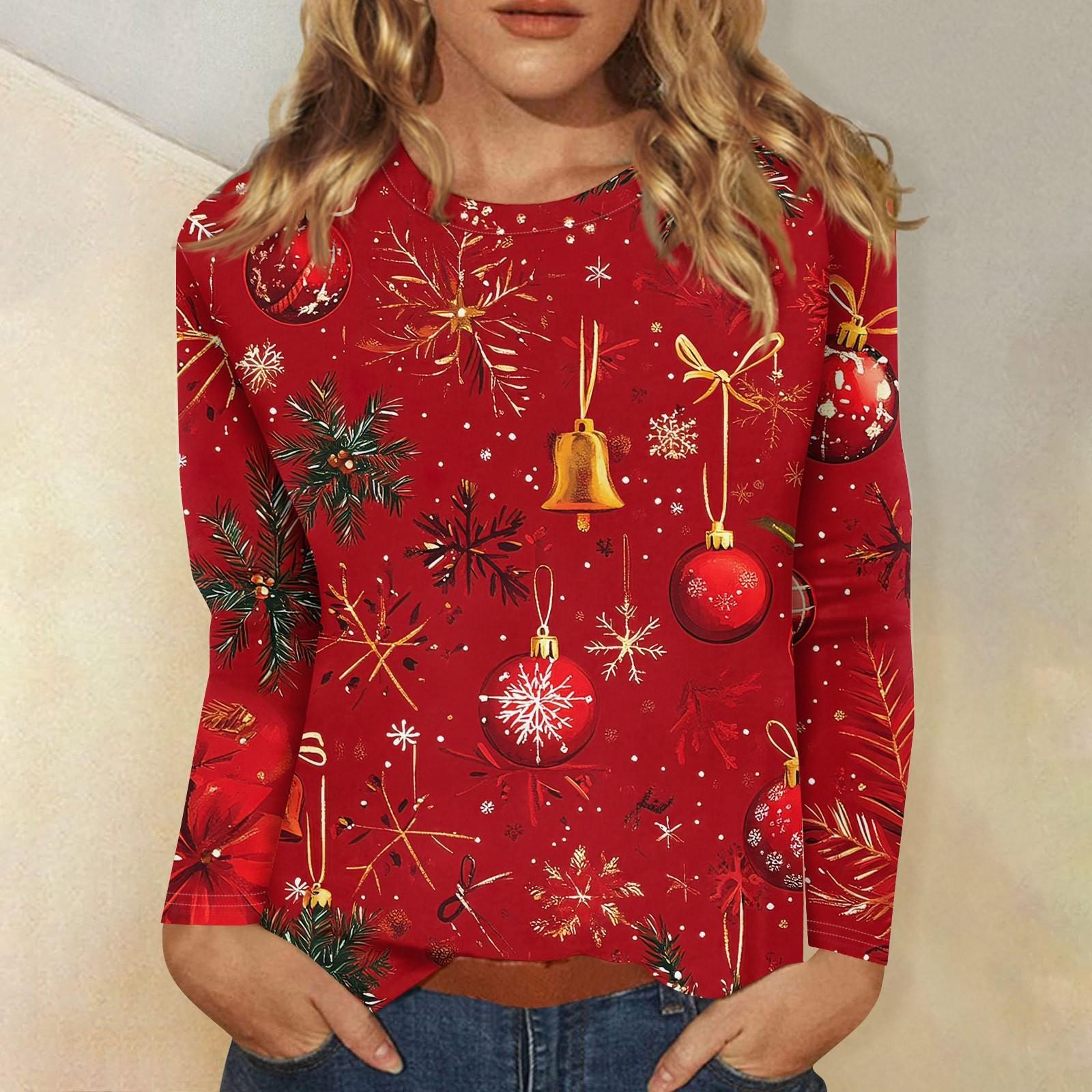 

Женская мода повседневный рождественский принт круглый вырез длинный рукав пуловер топ XXL красный