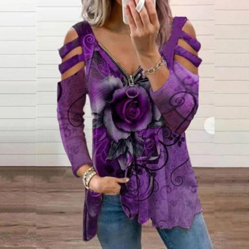 Fashion Womens Loose Collar Zipper V-neck Rose Print Long-Sleeved Casual T-shirt