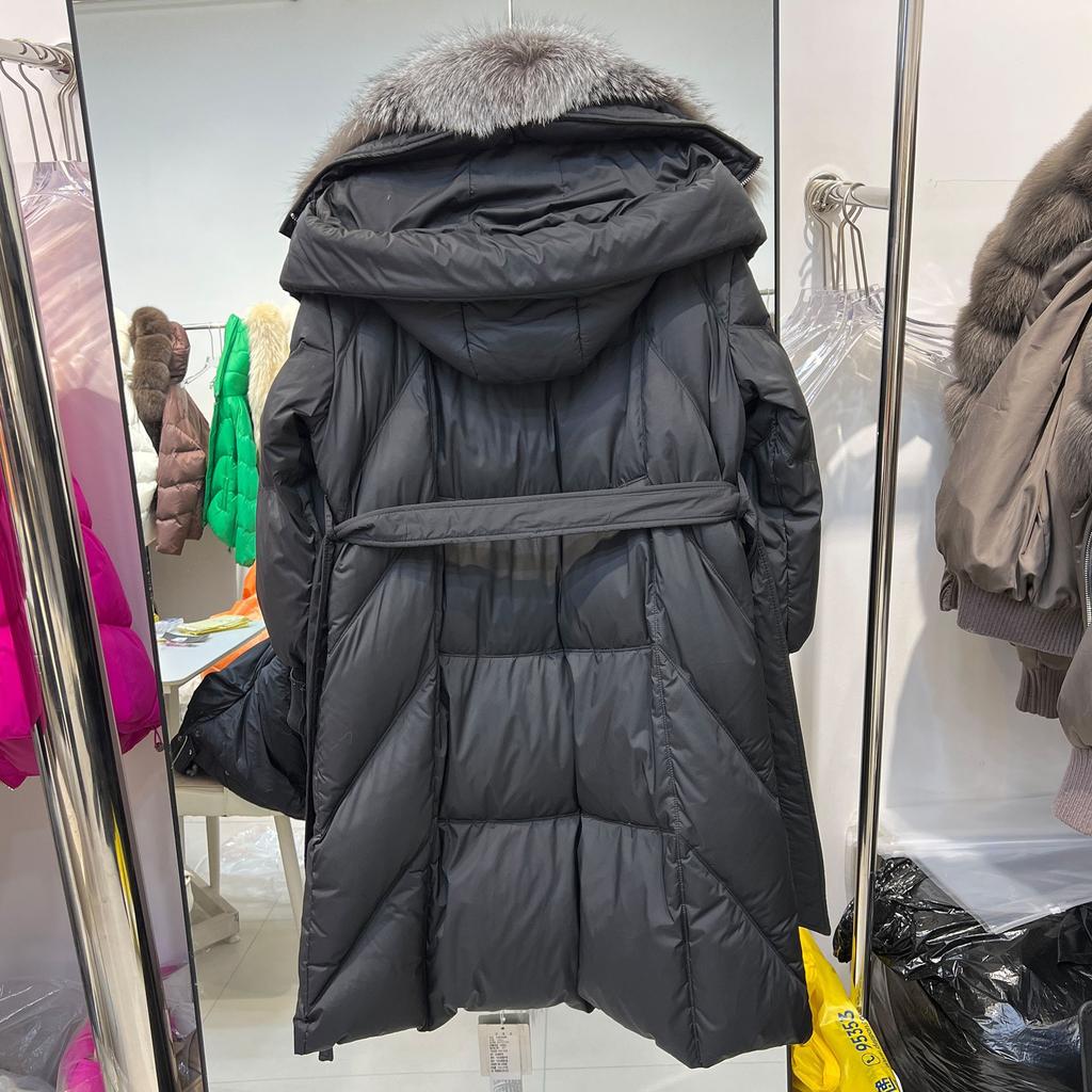 Winter new real fox fur fur collar white duck down jacket women's long coat loose thickened damp