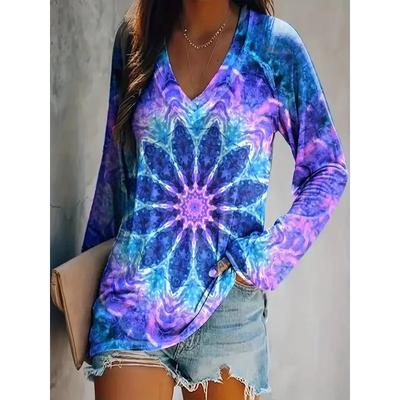 Frühlings- und Herbst V-Ausschnitt 3D Batik Mandala Muster Bedrucktes Top Modische Lässige Langarm Damen T-Shirts