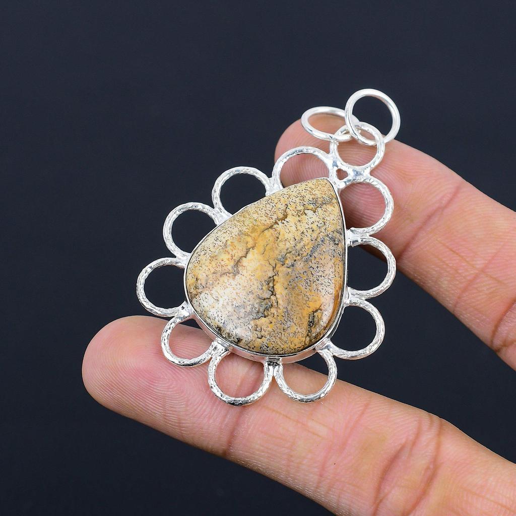 925 Sterling Silver Pear Picture Jasper Stone Bezel Trendy Boho Pendant Jewelry