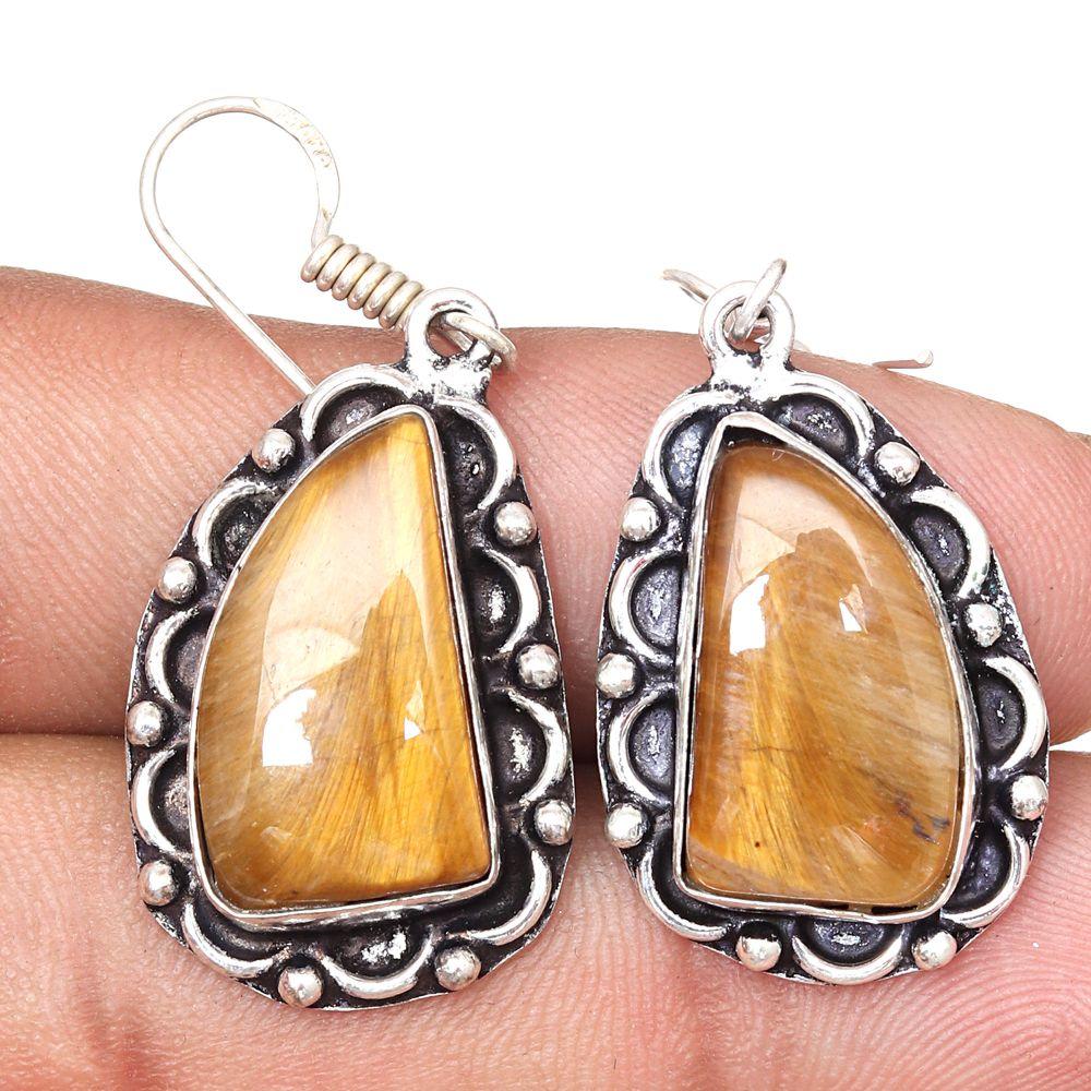 Tiger's Eye Gemstone Handmade Silver Jewelry Earrings 1.5''