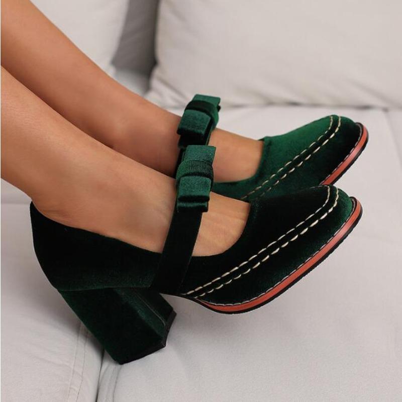 Large Size 43 Sexy High Heels Shoes for Women Butterfly Knot Chunky Platform Pumps Woman Black Flock Square Heel Party Shoes