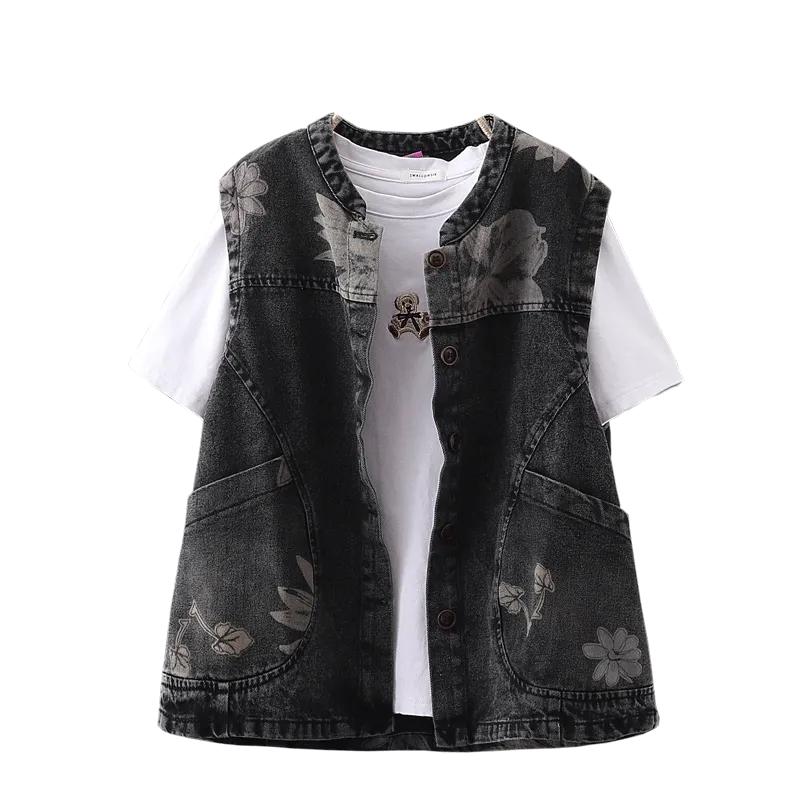 Gilet di Jeans Corto Stampato da Donna Primaverile ed Estivo Giacca Sottile Senza Maniche Larga