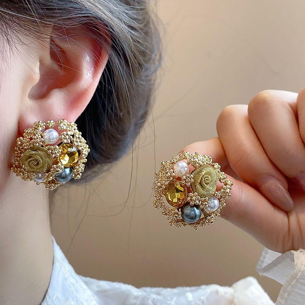 Rhinestone Garland Earrings Exquisite Flower Stud Earrings Fashion Vintage Pearl Earrings  Women