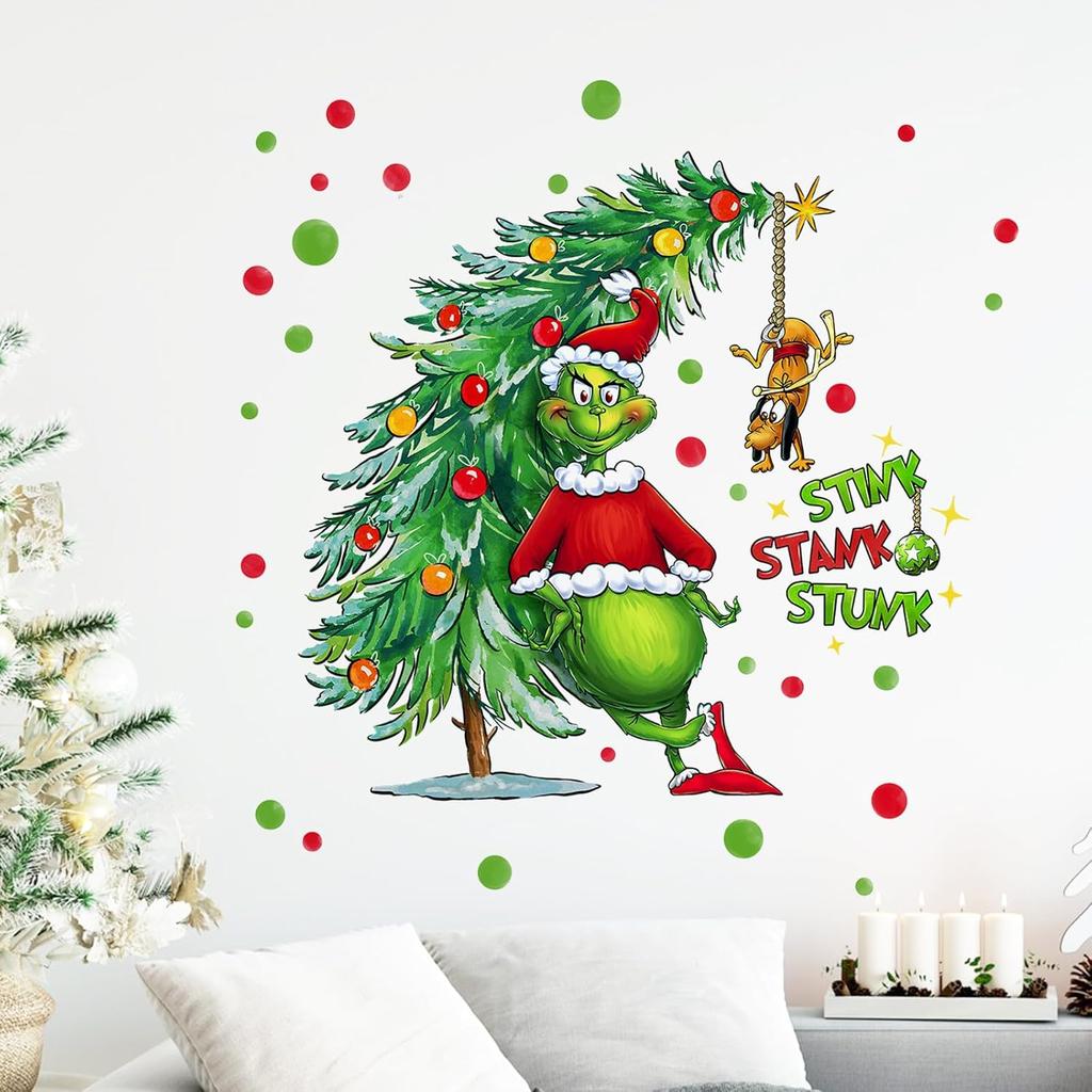 Yovkky Merry Christmas Wall Decals Stickers, Xmas Tree Max Dog 2026 New Year Bedroom Decor Home Kitchen Decorations, Winter Holiday Red Green Polka